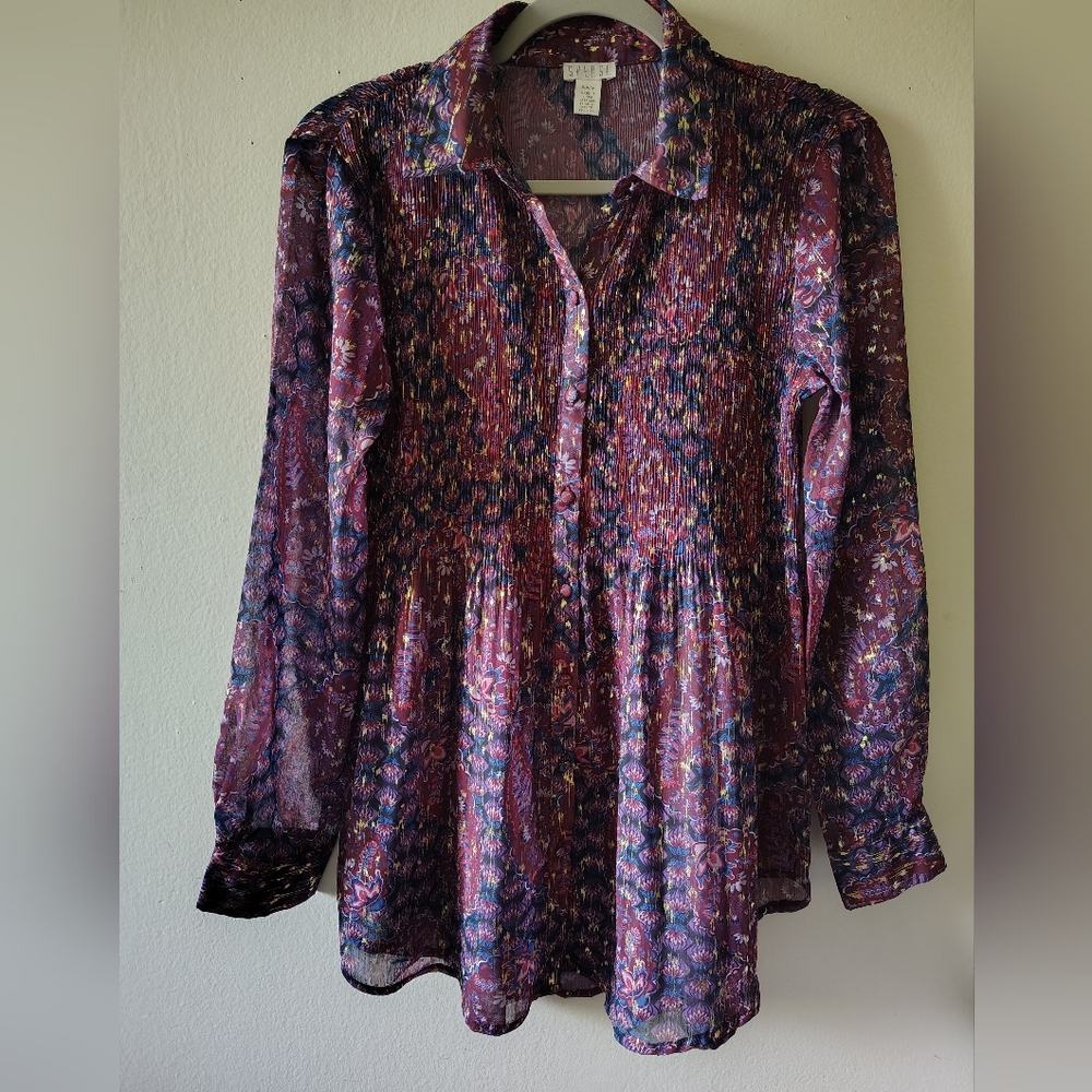 Spense Red Sheer Boho Paisley Fairy Whimsical Pleated Flowy Tunic Top Small